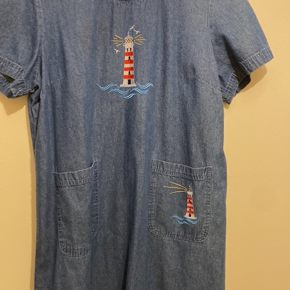 BLAIR Blue Denim Dress with Lighthouse Embroidery. Size L - Picture 2 of 7